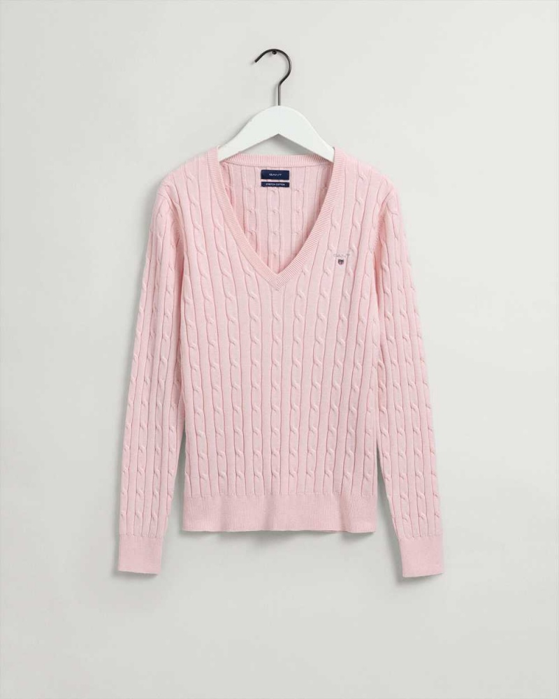 Gant Stretch Cotton Cable V-Neck Women's Sweater Light Pink Melange | QWNRU-3156