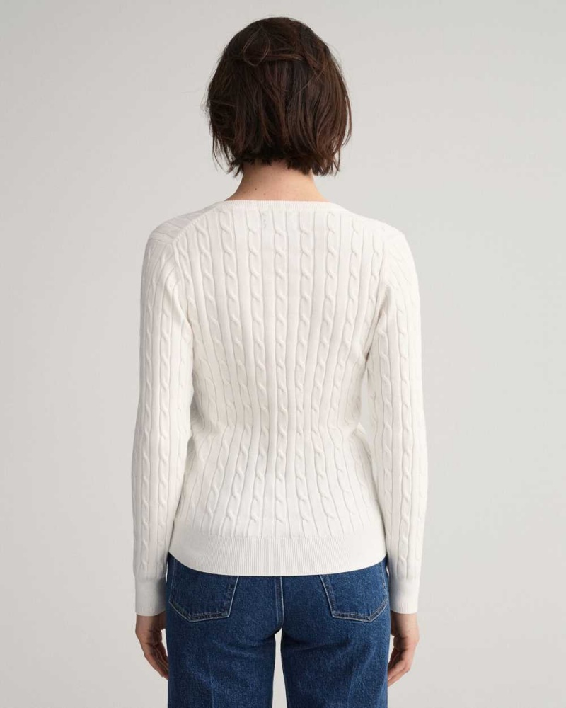 Gant Stretch Cotton Cable V-Neck Women's Sweater Beige White | NUDWV-5920