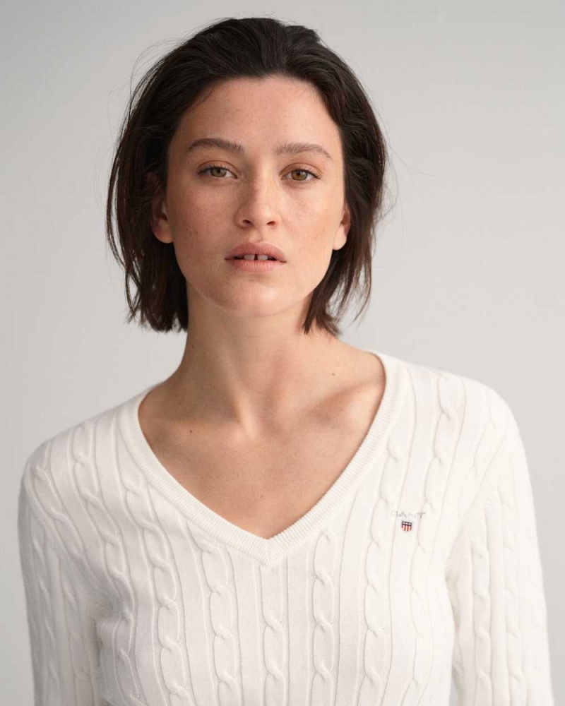 Gant Stretch Cotton Cable V-Neck Women's Sweater Beige White | NUDWV-5920