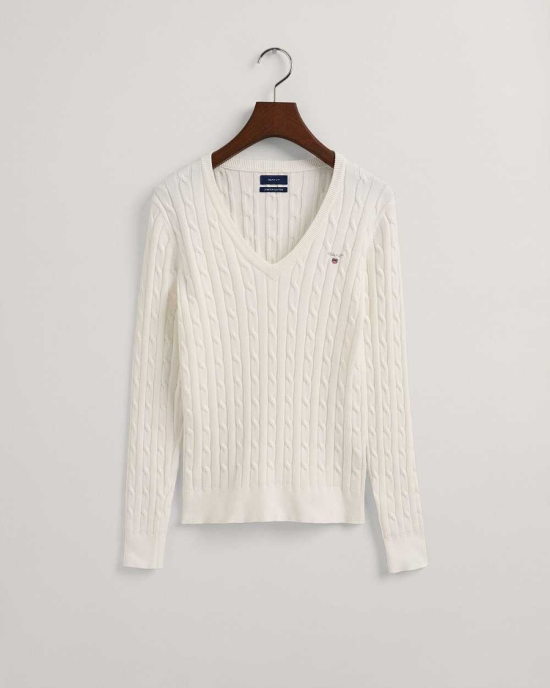 Gant Stretch Cotton Cable V-Neck Women's Sweater Beige White | NUDWV-5920