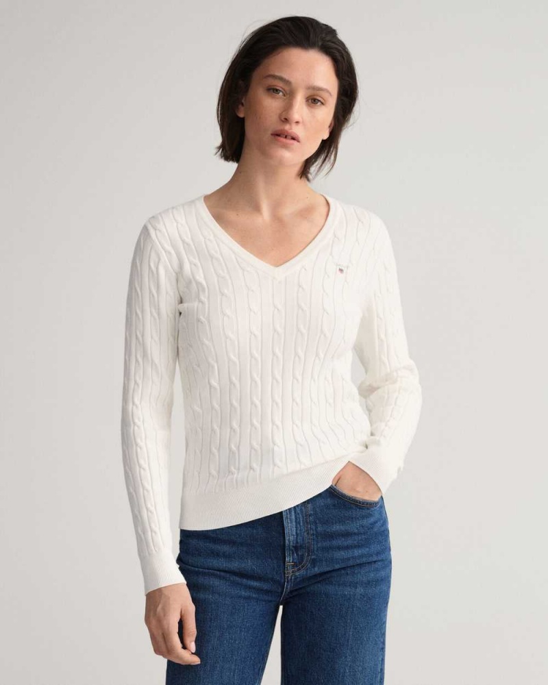 Gant Stretch Cotton Cable V-Neck Women\'s Sweater Beige White | NUDWV-5920