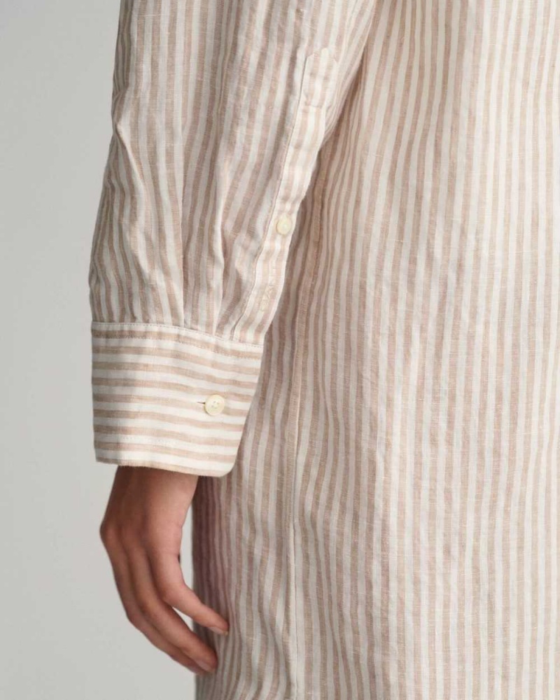 Gant Striped Linen Shirt Women's Dress Horn Beige | XLUKS-7492