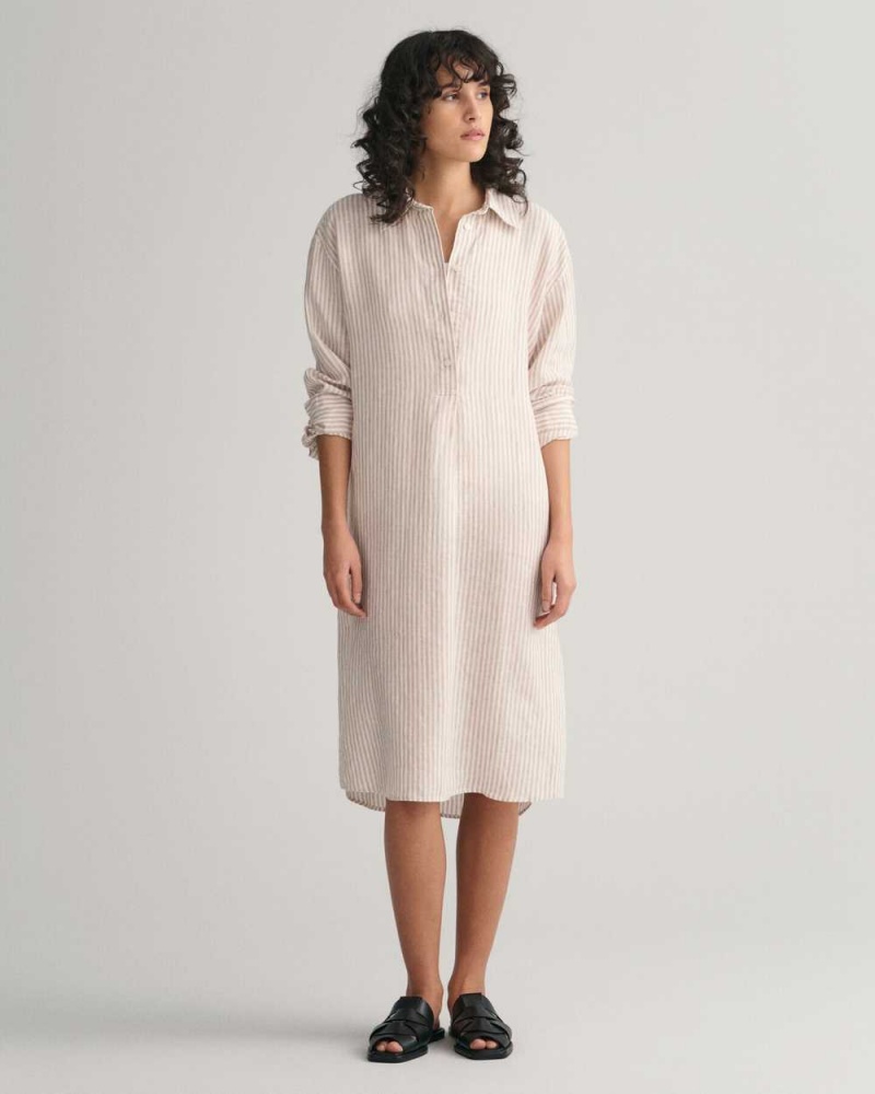 Gant Striped Linen Shirt Women's Dress Horn Beige | XLUKS-7492