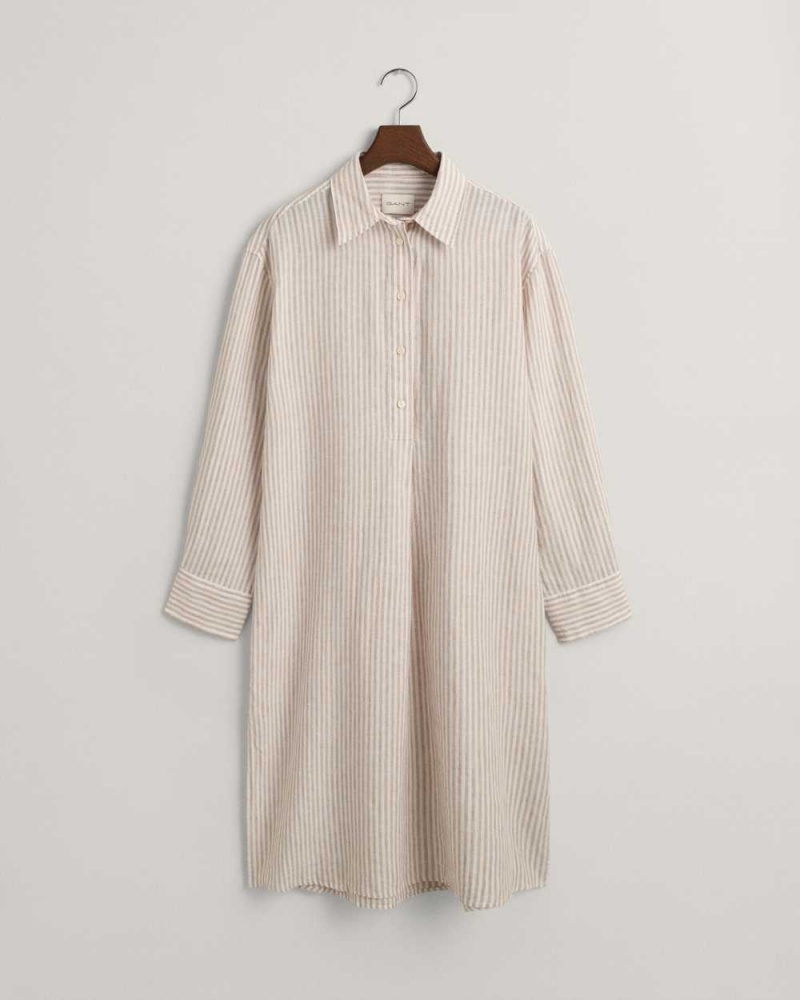 Gant Striped Linen Shirt Women's Dress Horn Beige | XLUKS-7492