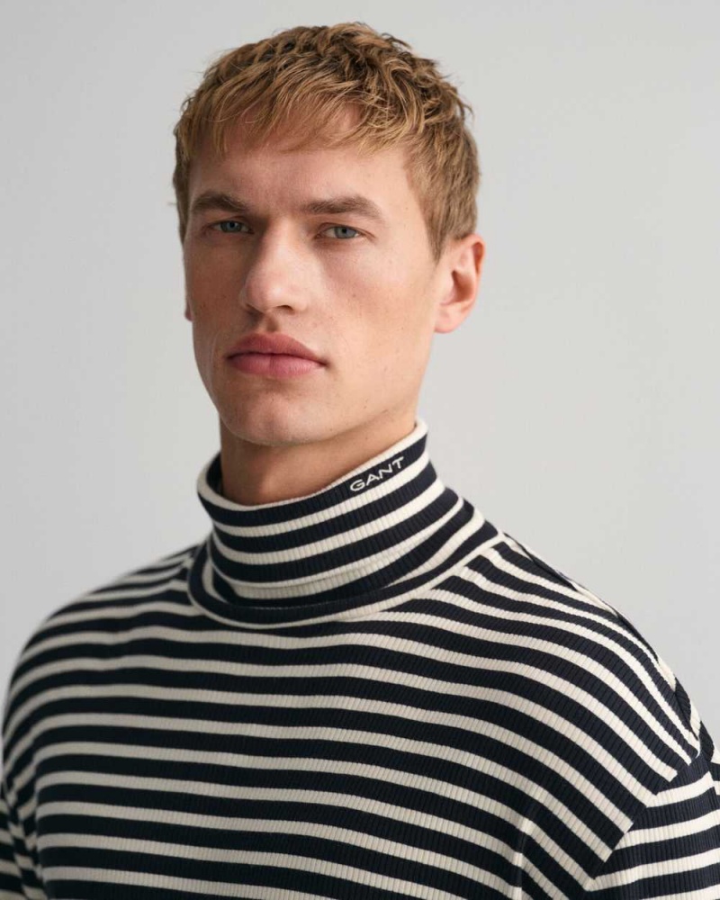 Gant Striped Long Sleeve Turtleneck Men's T-Shirt Black | QOGKJ-6415