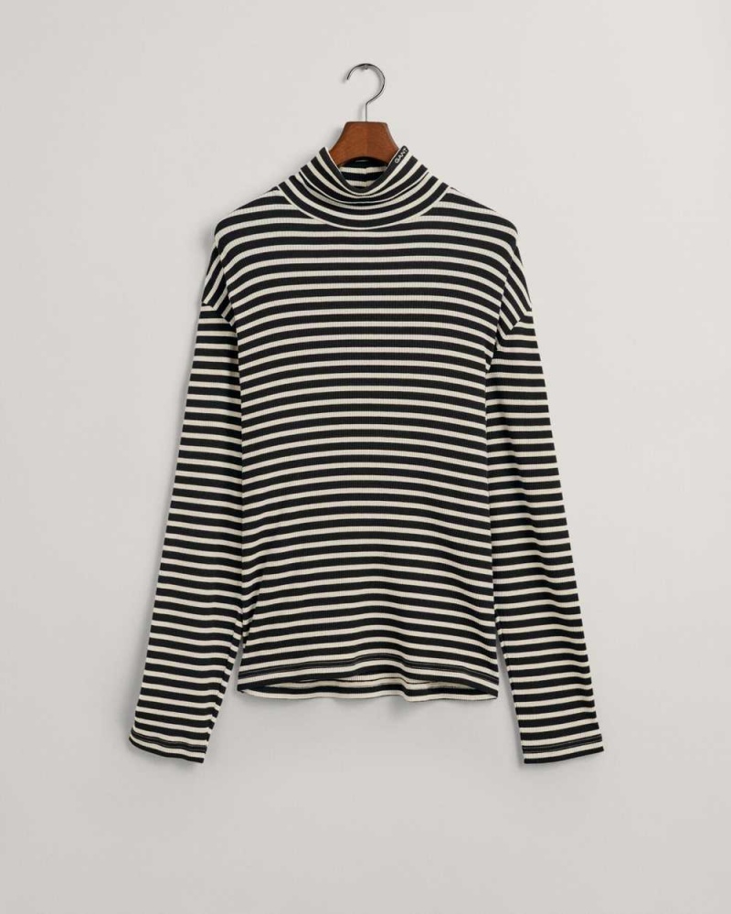 Gant Striped Long Sleeve Turtleneck Men's T-Shirt Black | QOGKJ-6415