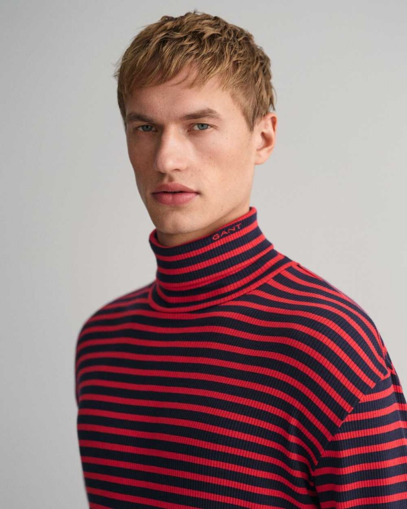 Gant Striped Long Sleeve Turtleneck Men's T-Shirt Rich Red | TCOWQ-0814