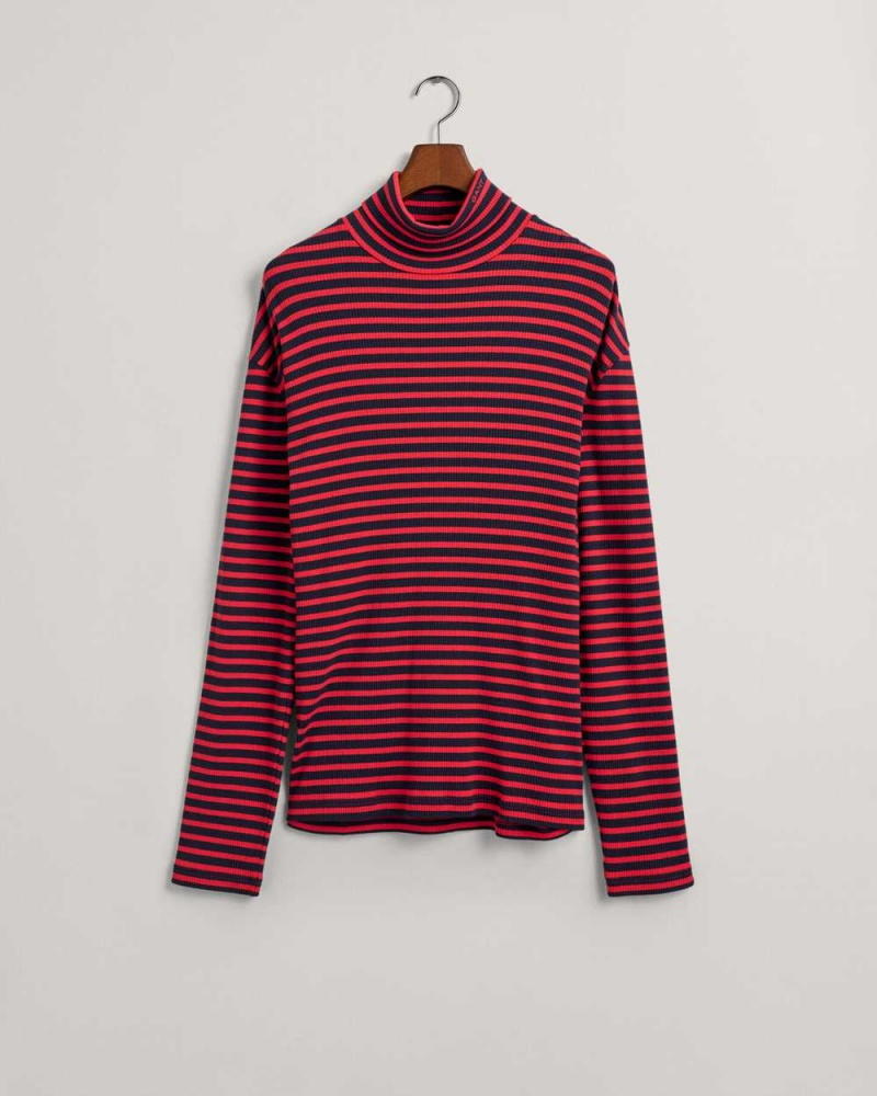 Gant Striped Long Sleeve Turtleneck Men's T-Shirt Rich Red | TCOWQ-0814