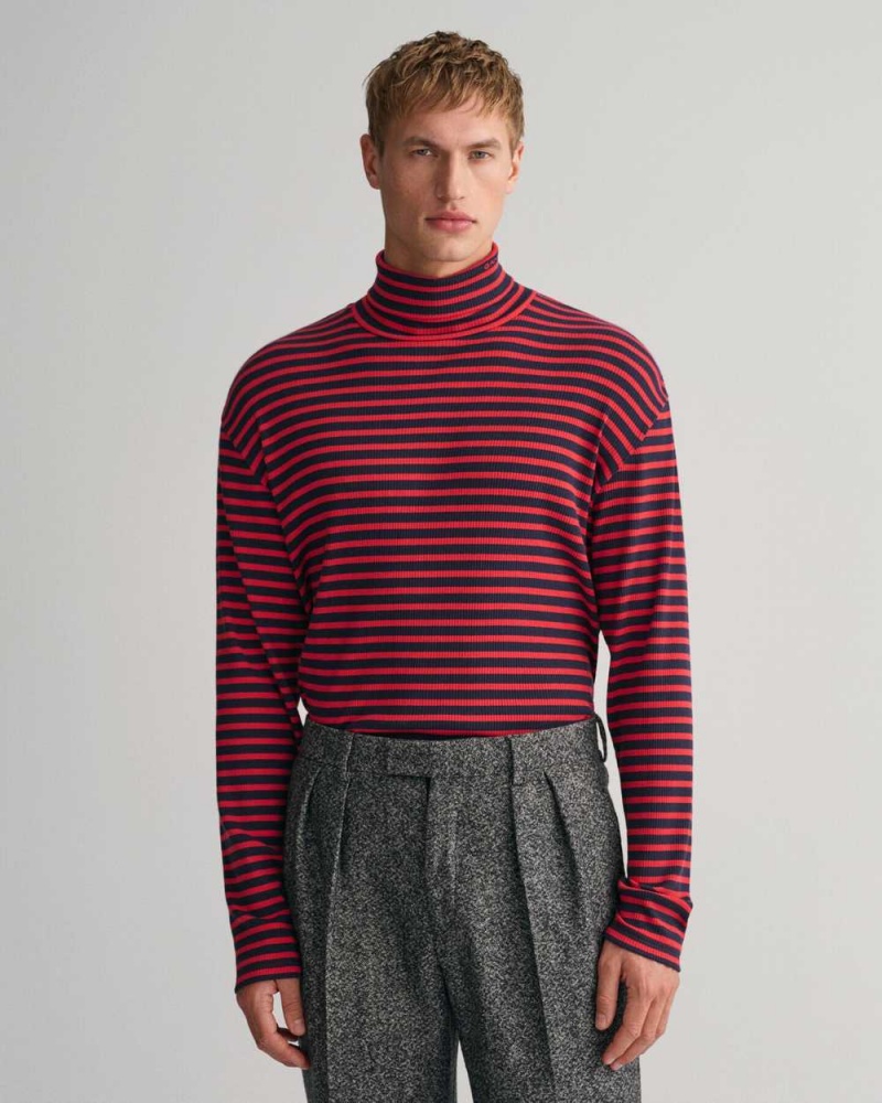 Gant Striped Long Sleeve Turtleneck Men\'s T-Shirt Rich Red | TCOWQ-0814