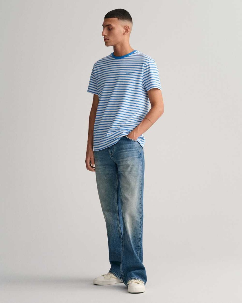 Gant Striped Men's T-Shirt Day Blue | FIBQV-5917