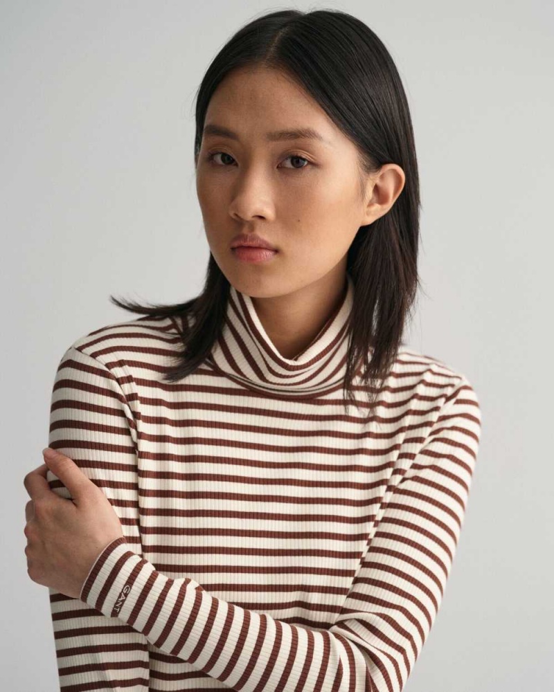 Gant Striped Rib Long Sleeve Turtleneck Women's T-Shirt Weathered Brown | MDWSR-2687