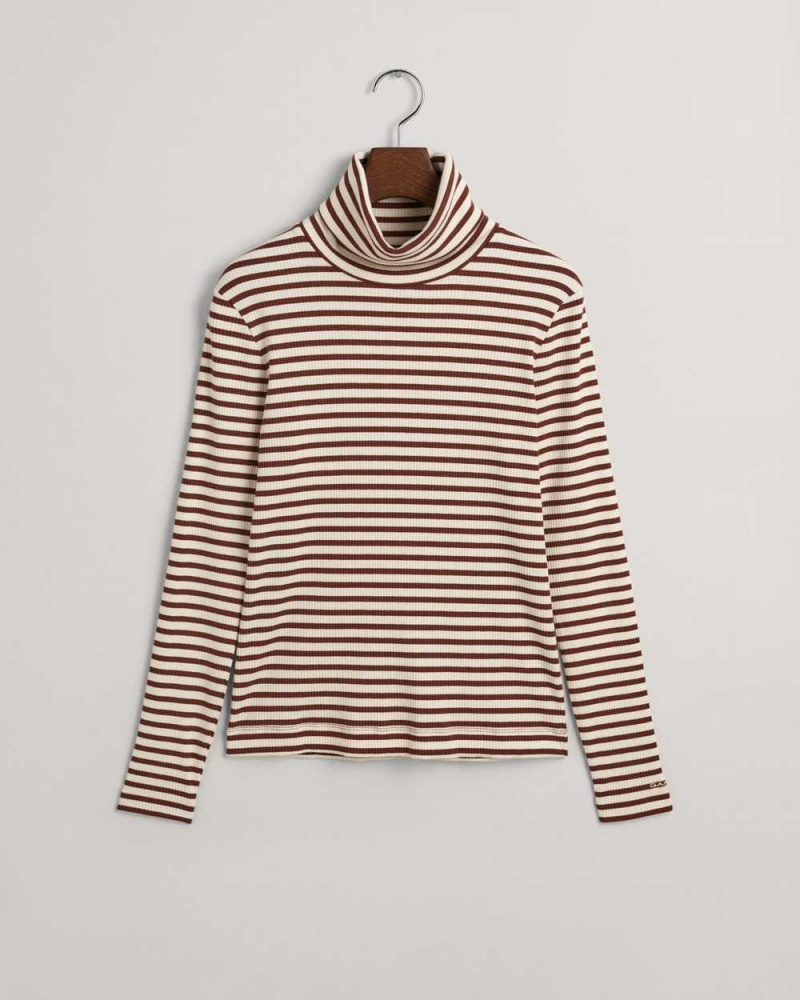 Gant Striped Rib Long Sleeve Turtleneck Women's T-Shirt Weathered Brown | MDWSR-2687