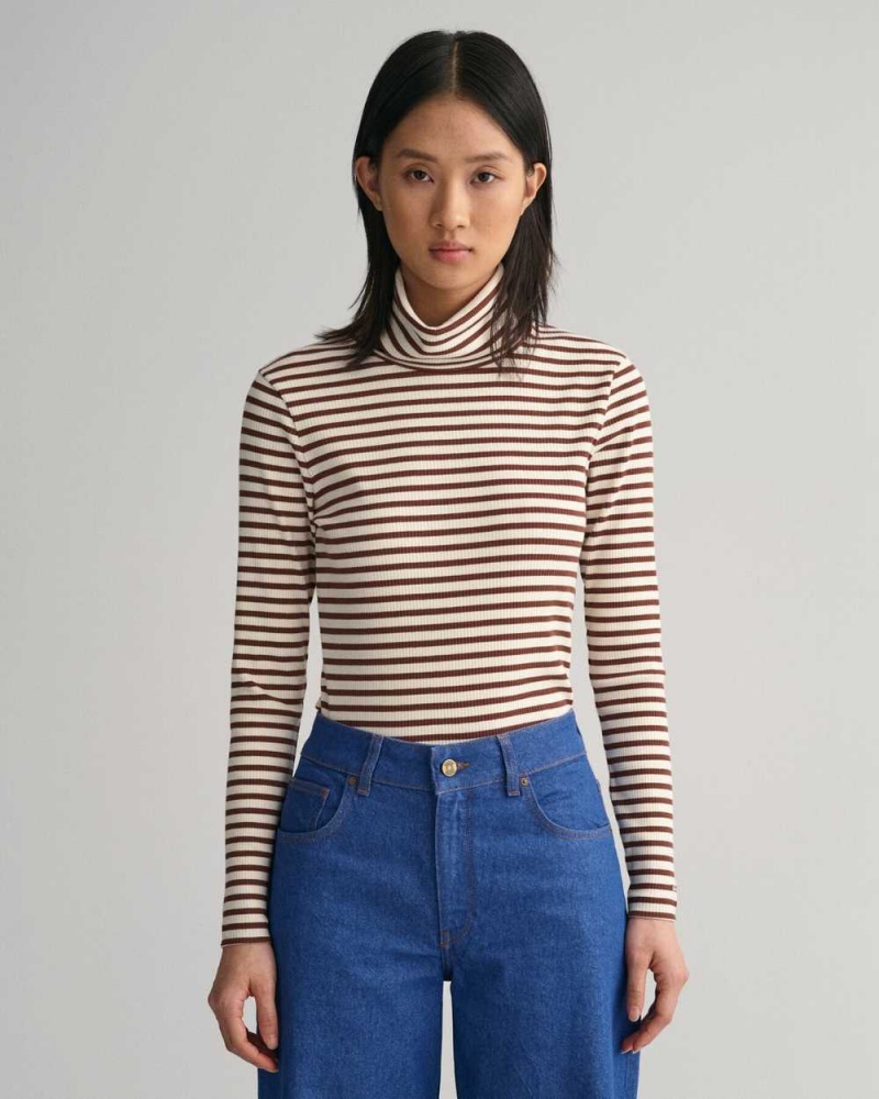 Gant Striped Rib Long Sleeve Turtleneck Women\'s T-Shirt Weathered Brown | MDWSR-2687