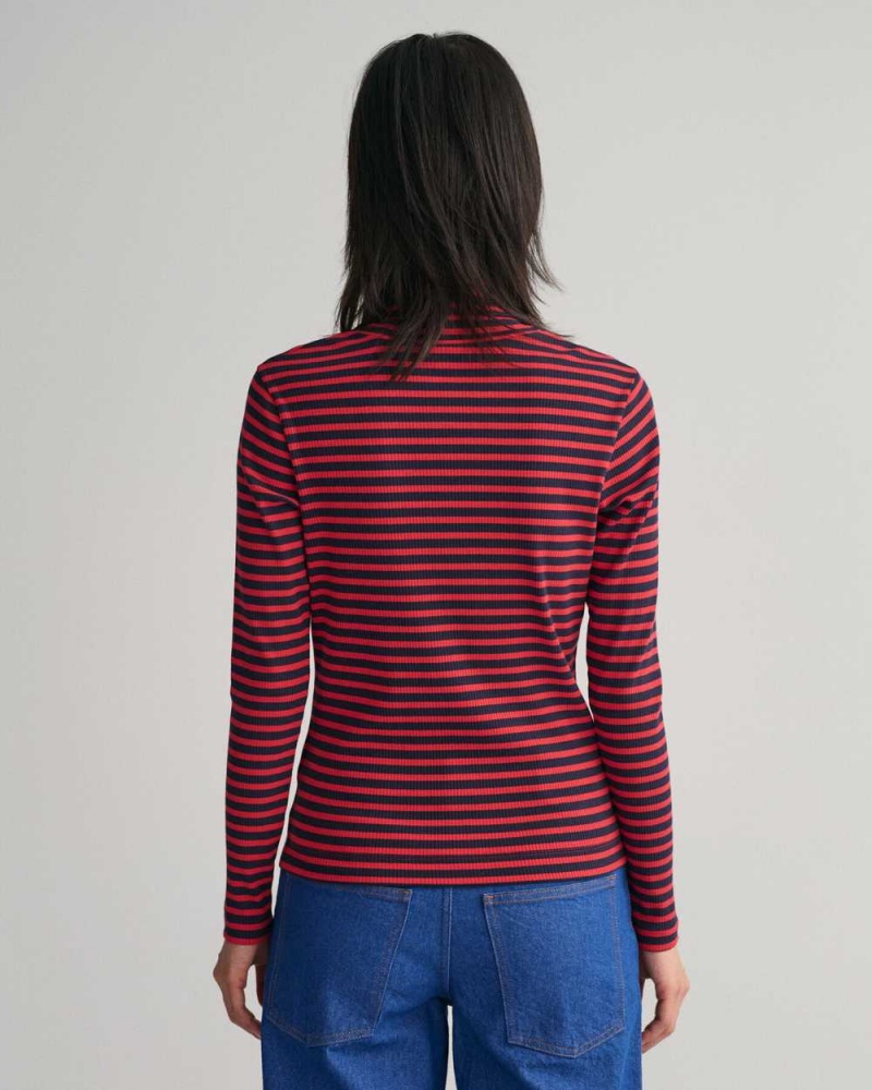 Gant Striped Rib Long Sleeve Turtleneck Women's T-Shirt Rich Red | DXZBP-6485