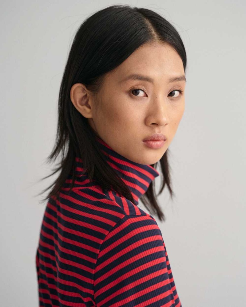 Gant Striped Rib Long Sleeve Turtleneck Women's T-Shirt Rich Red | DXZBP-6485