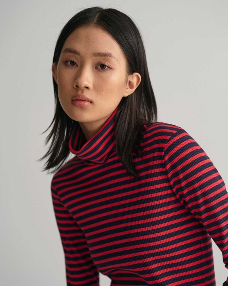 Gant Striped Rib Long Sleeve Turtleneck Women's T-Shirt Rich Red | DXZBP-6485