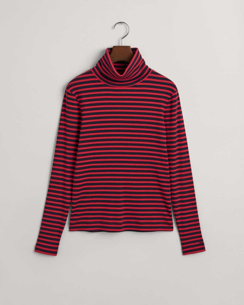 Gant Striped Rib Long Sleeve Turtleneck Women's T-Shirt Rich Red | DXZBP-6485