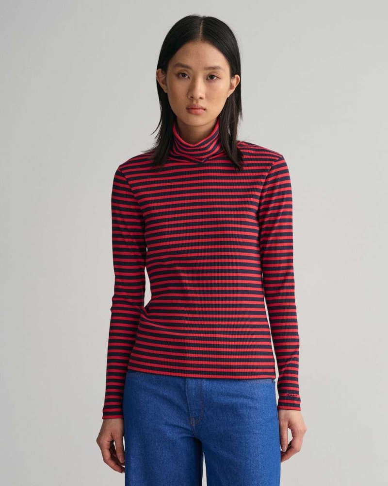 Gant Striped Rib Long Sleeve Turtleneck Women\'s T-Shirt Rich Red | DXZBP-6485