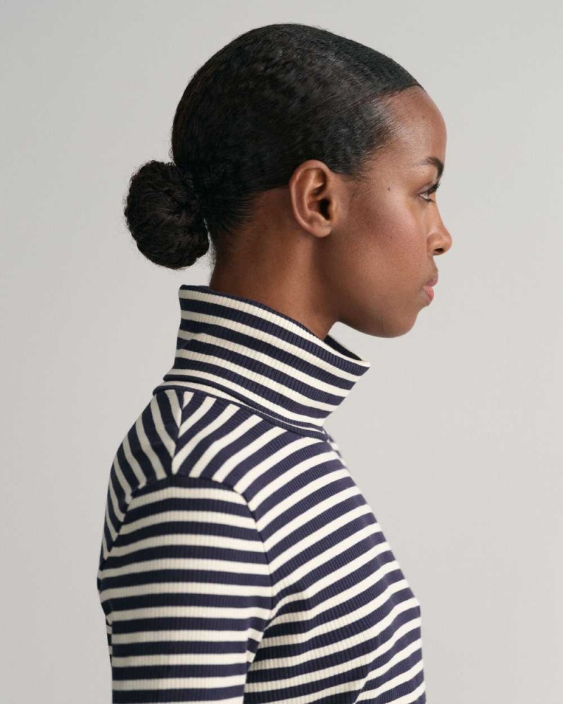 Gant Striped Rib Long Sleeve Turtleneck Women's T-Shirt Evening Blue | AROVN-3276