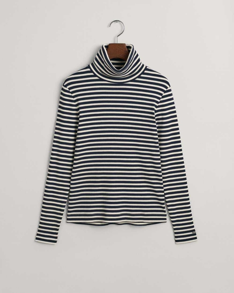 Gant Striped Rib Long Sleeve Turtleneck Women's T-Shirt Evening Blue | AROVN-3276