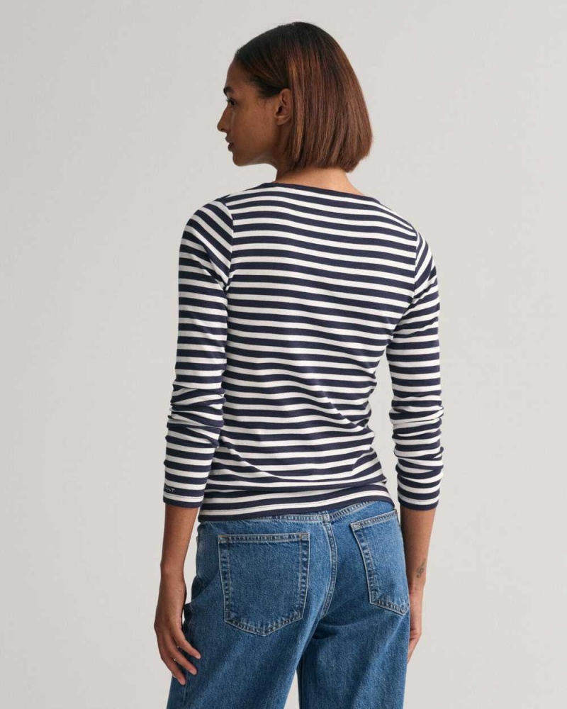 Gant Striped Rib Long Sleeve Women's T-Shirt Evening Blue | NXRLH-4539