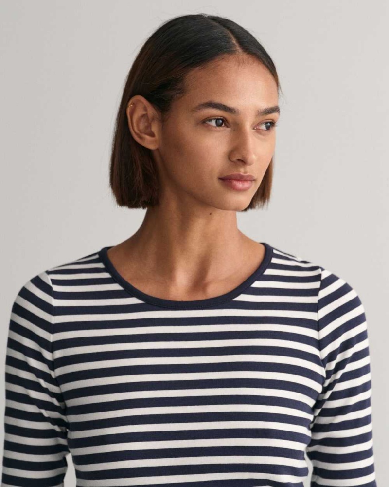 Gant Striped Rib Long Sleeve Women's T-Shirt Evening Blue | NXRLH-4539