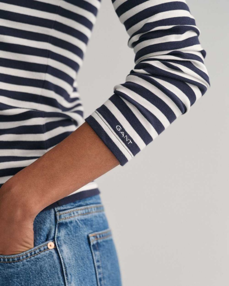 Gant Striped Rib Long Sleeve Women's T-Shirt Evening Blue | NXRLH-4539