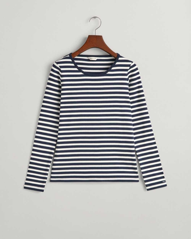 Gant Striped Rib Long Sleeve Women's T-Shirt Evening Blue | NXRLH-4539