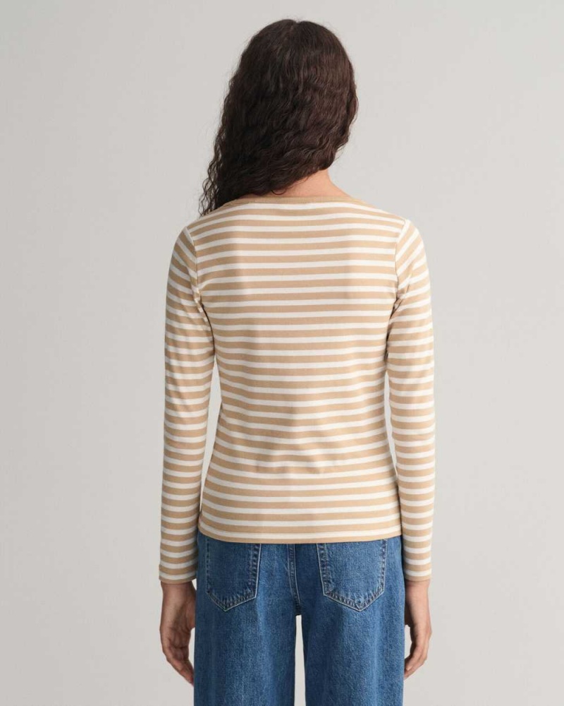 Gant Striped Rib Long Sleeve Women's T-Shirt Dark Khaki | GISLV-5680