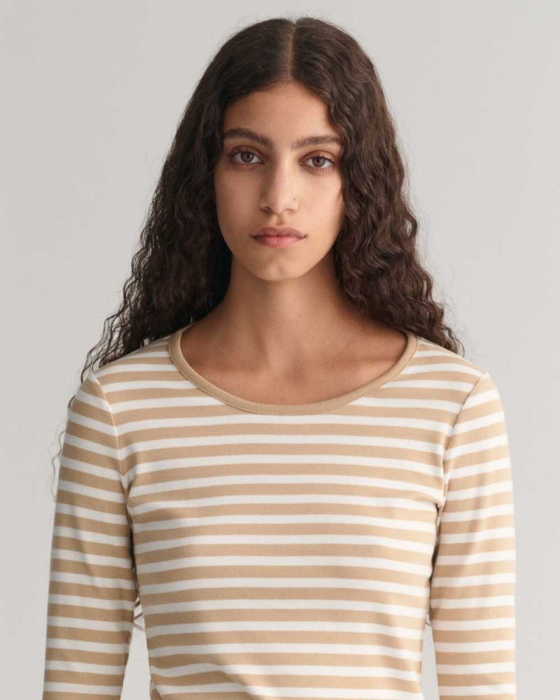 Gant Striped Rib Long Sleeve Women's T-Shirt Dark Khaki | GISLV-5680