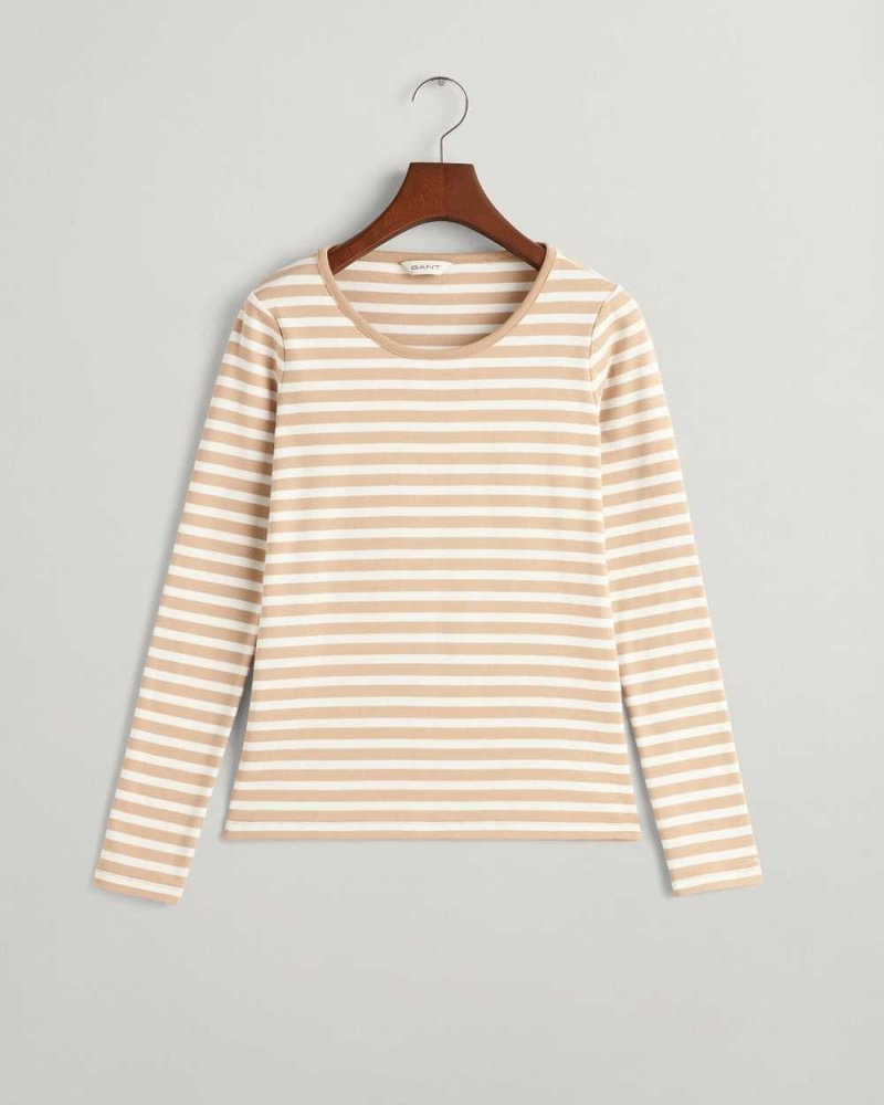 Gant Striped Rib Long Sleeve Women's T-Shirt Dark Khaki | GISLV-5680