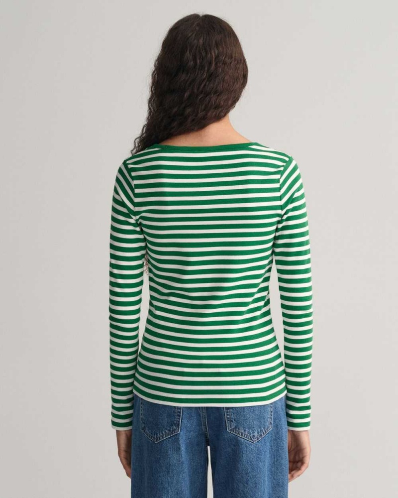 Gant Striped Rib Long Sleeve Women's T-Shirt Lavish Green | XZVJT-4367