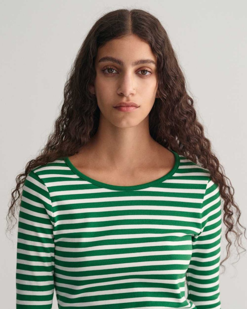 Gant Striped Rib Long Sleeve Women's T-Shirt Lavish Green | XZVJT-4367