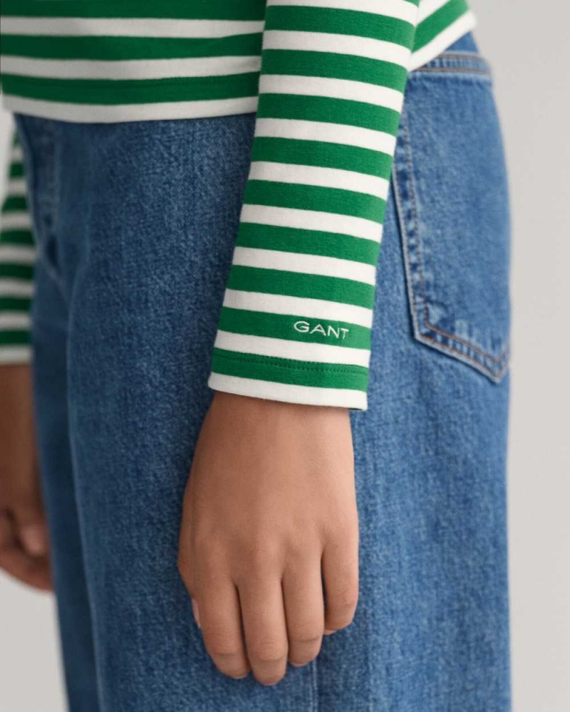 Gant Striped Rib Long Sleeve Women's T-Shirt Lavish Green | XZVJT-4367