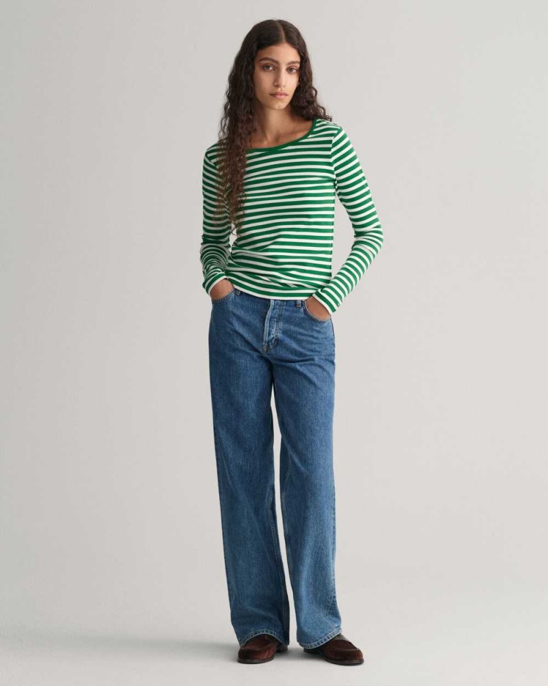 Gant Striped Rib Long Sleeve Women's T-Shirt Lavish Green | XZVJT-4367