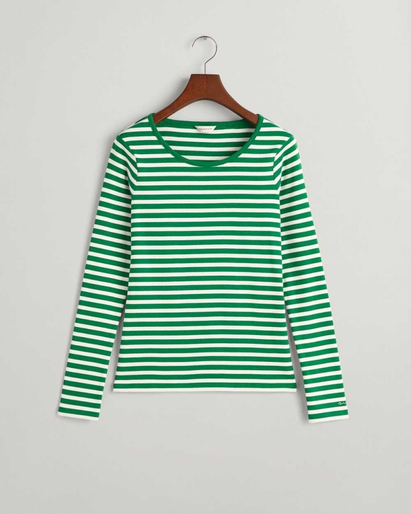 Gant Striped Rib Long Sleeve Women's T-Shirt Lavish Green | XZVJT-4367