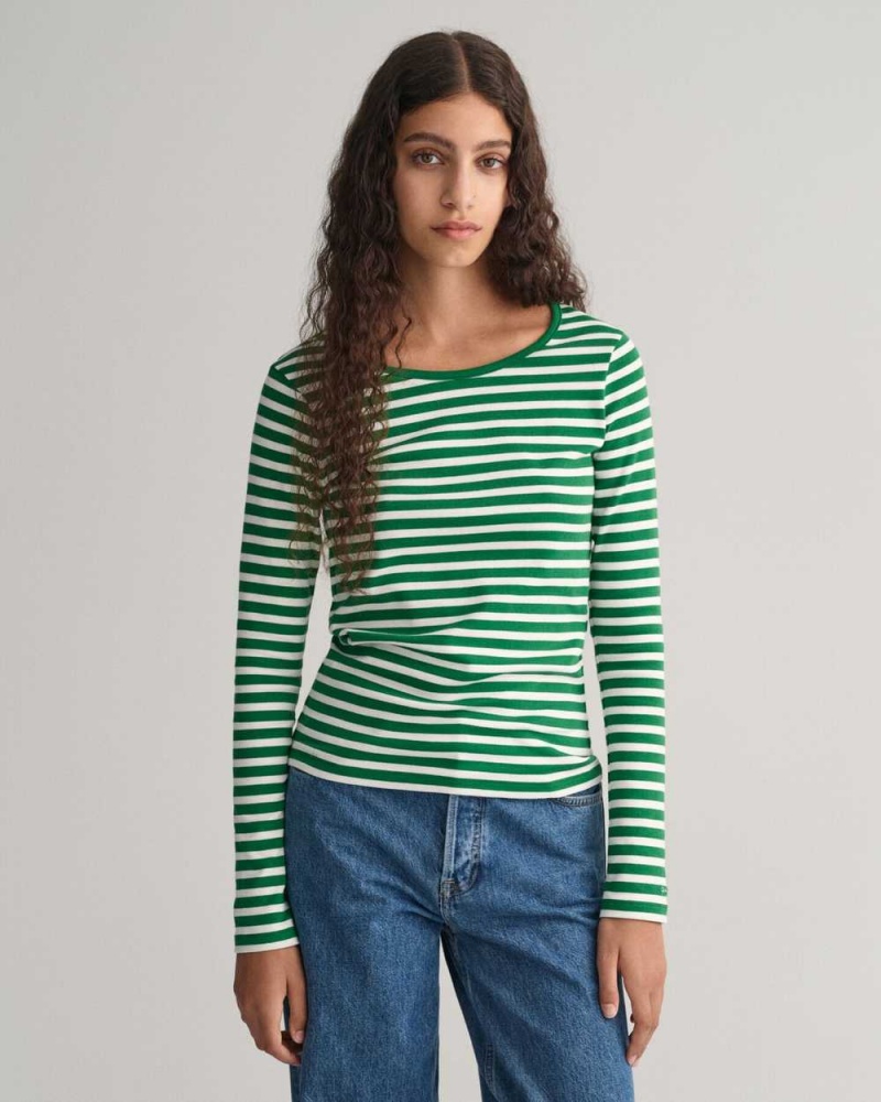 Gant Striped Rib Long Sleeve Women\'s T-Shirt Lavish Green | XZVJT-4367