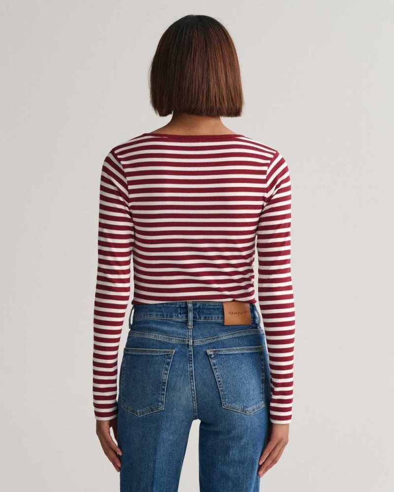 Gant Striped Rib Long Sleeve Women's T-Shirt Plumped Red | FZEBW-9784