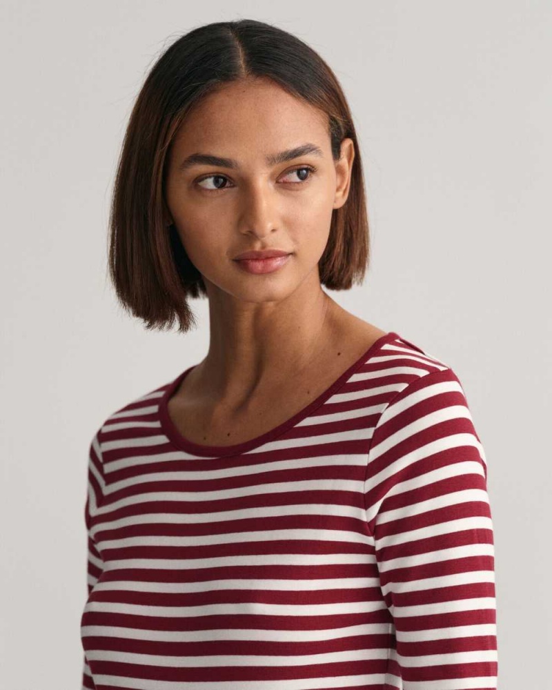 Gant Striped Rib Long Sleeve Women's T-Shirt Plumped Red | FZEBW-9784