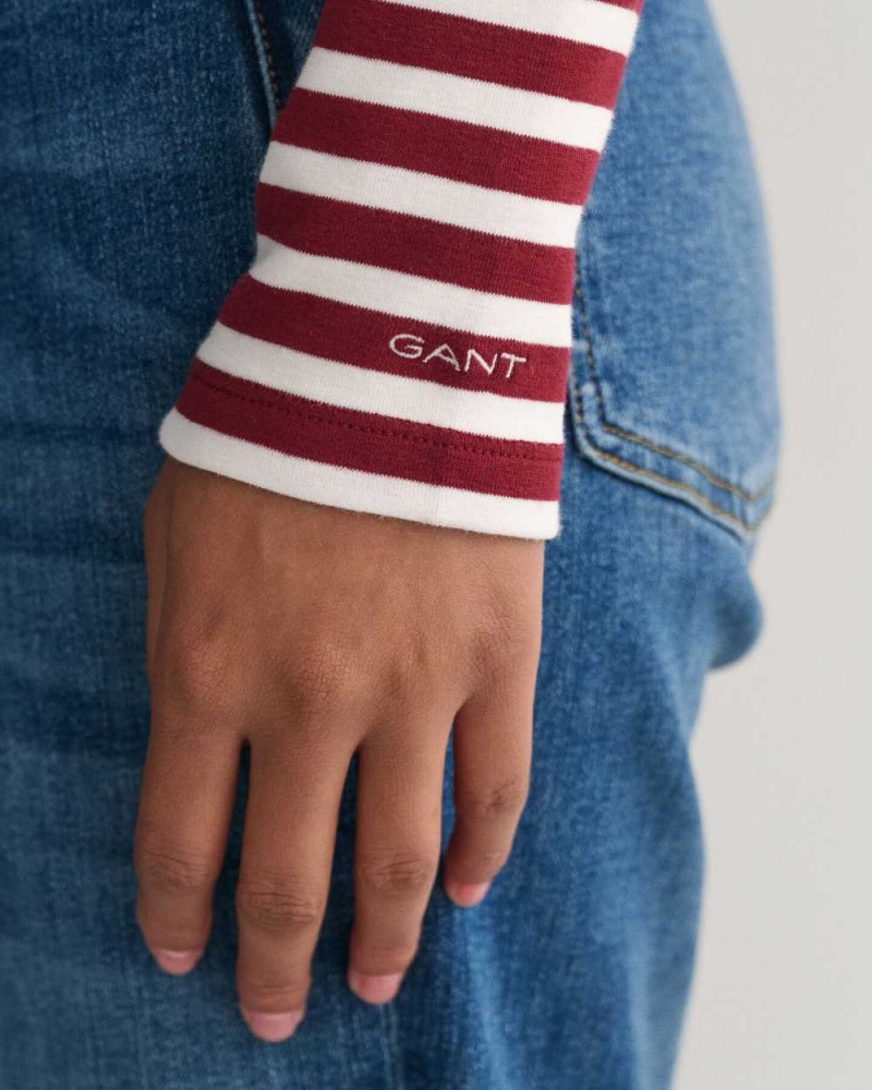 Gant Striped Rib Long Sleeve Women's T-Shirt Plumped Red | FZEBW-9784