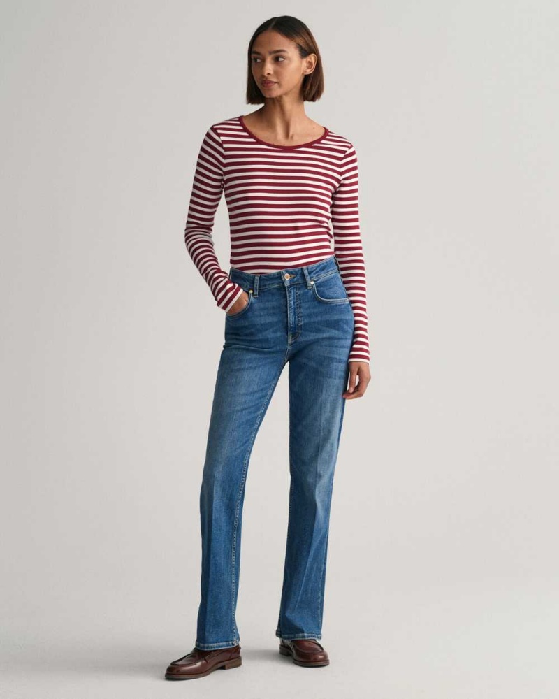 Gant Striped Rib Long Sleeve Women's T-Shirt Plumped Red | FZEBW-9784