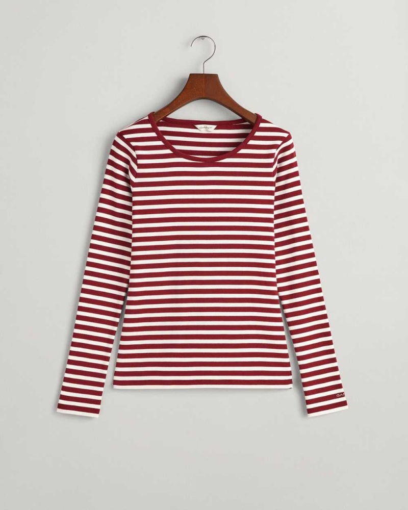 Gant Striped Rib Long Sleeve Women's T-Shirt Plumped Red | FZEBW-9784