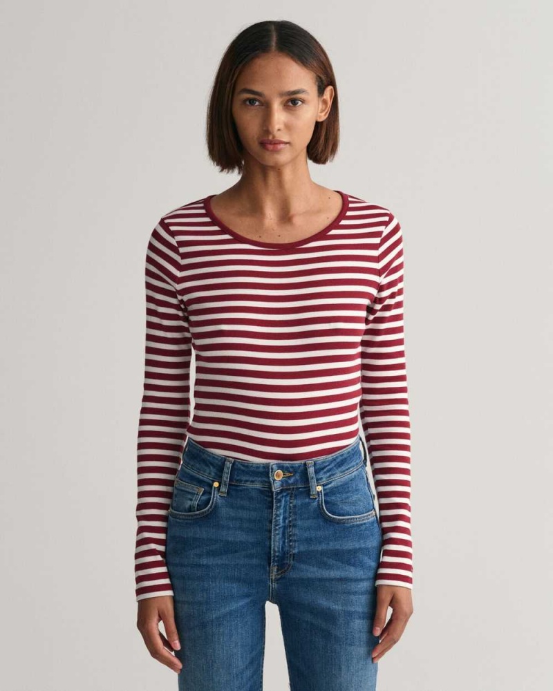 Gant Striped Rib Long Sleeve Women\'s T-Shirt Plumped Red | FZEBW-9784