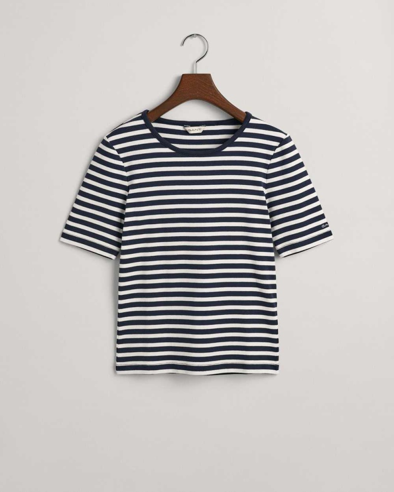 Gant Striped Ribbed Women\'s T-Shirt Evening Blue | CJHSR-4726