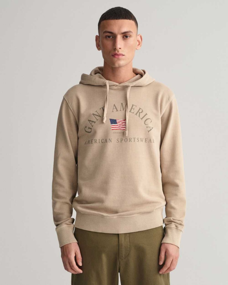 Gant Sunfaded GANT USA Men\'s Hoodie Concrete Beige | YWLGB-9043