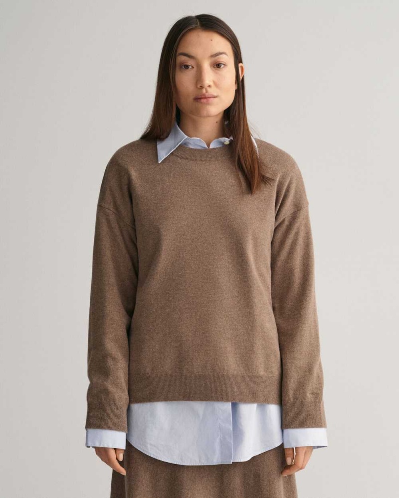 Gant Super Fine Lambswool Crew Neck Women's Sweater Mole Brown | JKBRY-8795