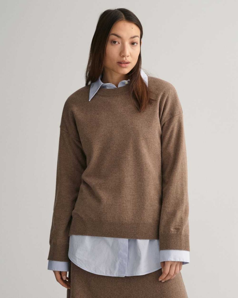 Gant Super Fine Lambswool Crew Neck Women\'s Sweater Mole Brown | JKBRY-8795