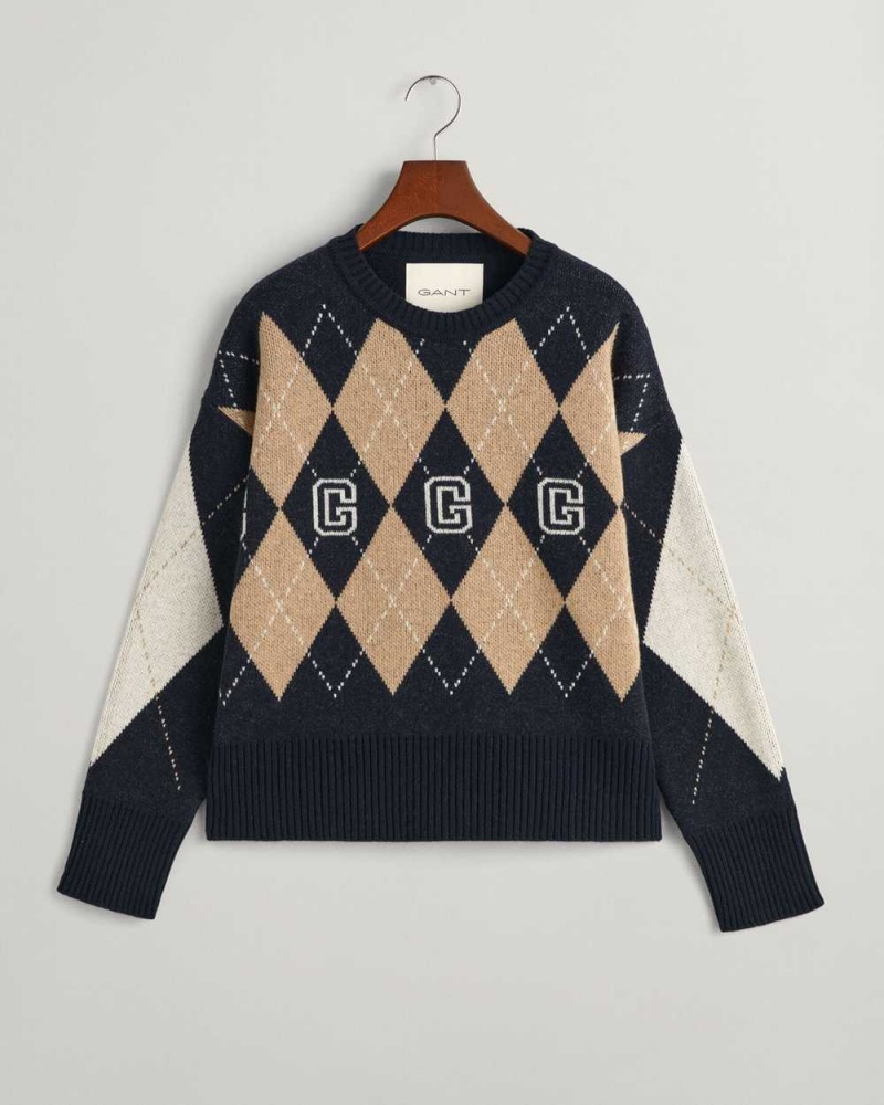 Gant Superfine Argyle Crew Neck Men's Sweater Evening Blue | PMGQH-9318