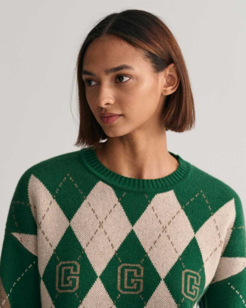 Gant Superfine Argyle Crew Neck Women's Sweater Lavish Green | BENUY-0178