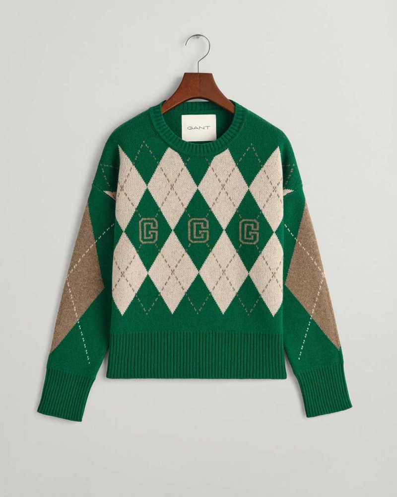 Gant Superfine Argyle Crew Neck Women's Sweater Lavish Green | BENUY-0178